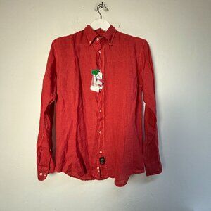 TP'S Mens Linen Red Long Sleeve Button-Down Shirt Medium Eco-Wash Natural Fit